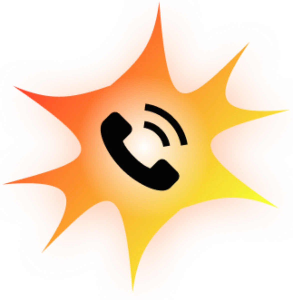 Ikona czarnej słuchawki telefonicznej z falami dźwięku na pomarańczowo-żółtym tle w kształcie wybuchu